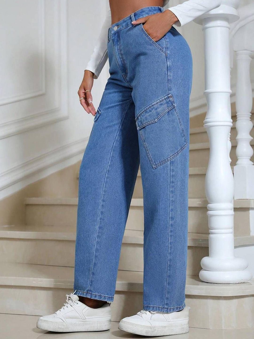 Kotty Women Wide Leg High-Rise Stretchable Cargo Jeans