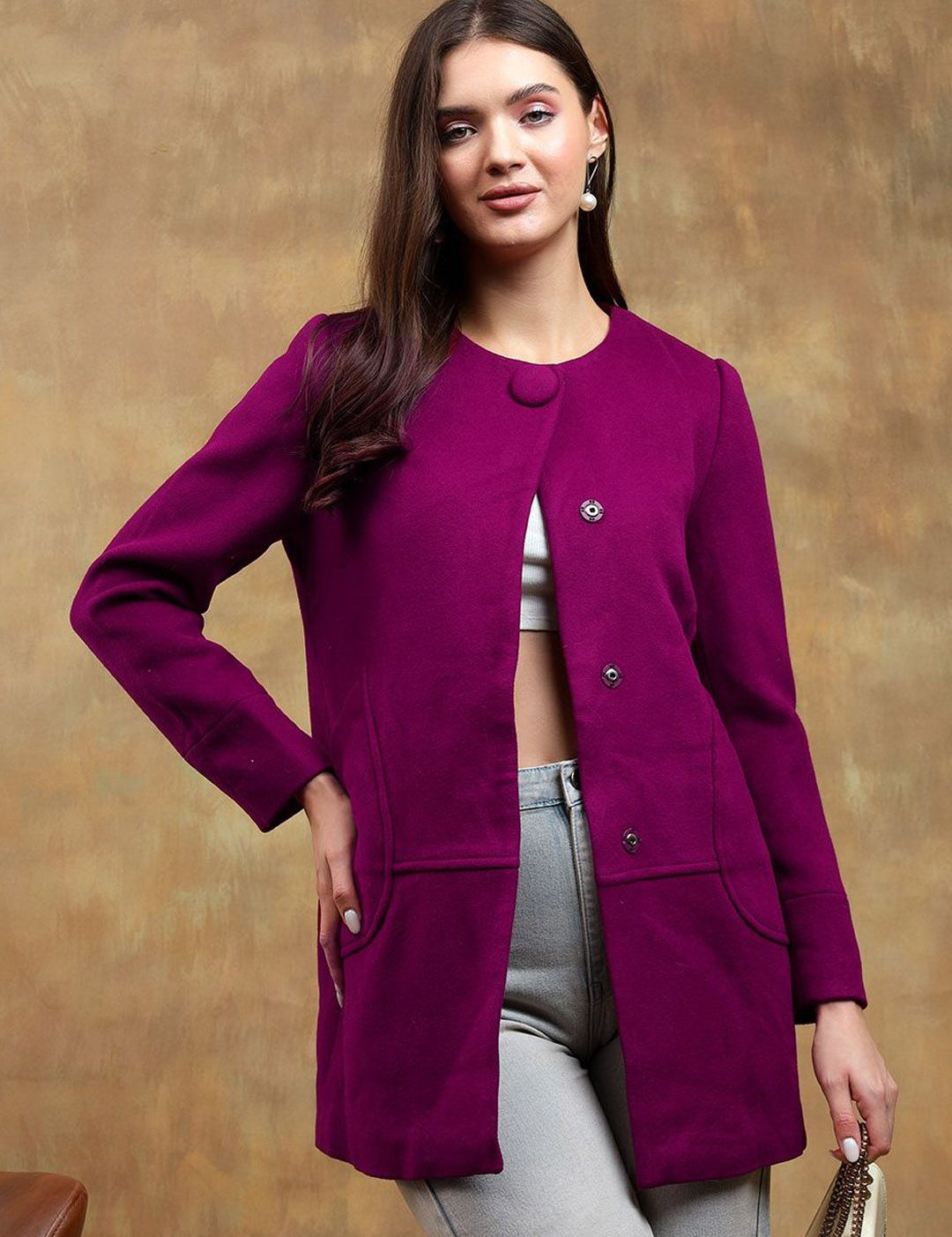Kotty Women Solid Mandarin Collar Purple Overcoat
