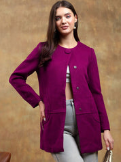 Kotty Women Solid Mandarin Collar Purple Overcoat