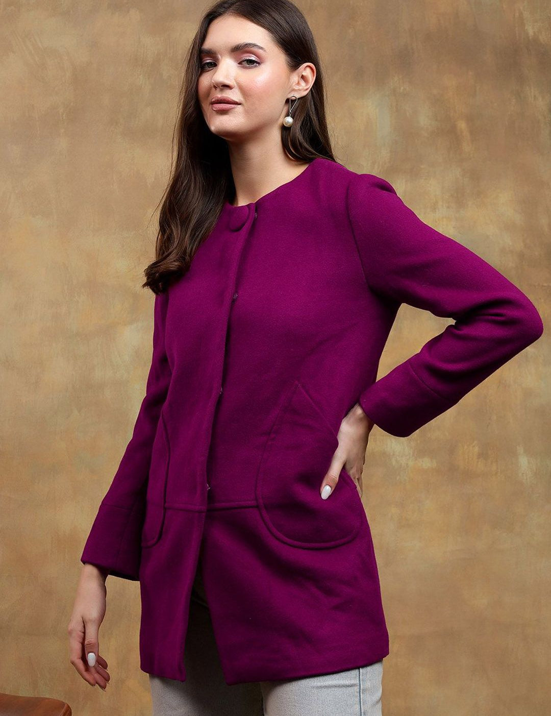 Kotty Women Solid Mandarin Collar Purple Overcoat