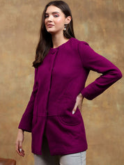 Kotty Women Solid Mandarin Collar Purple Overcoat
