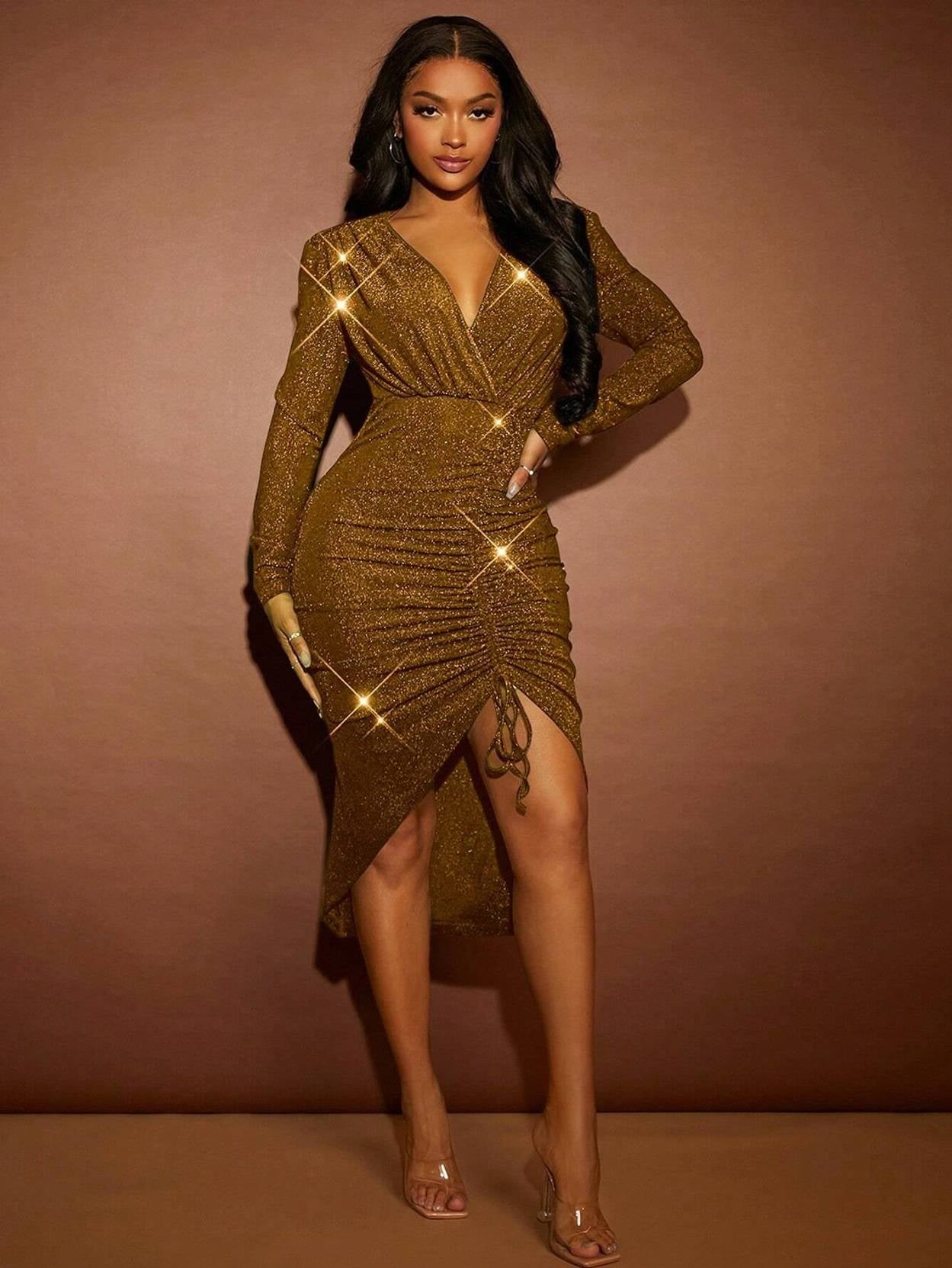 kotty Women Bodycon Gold Midi/Calf Length Dress