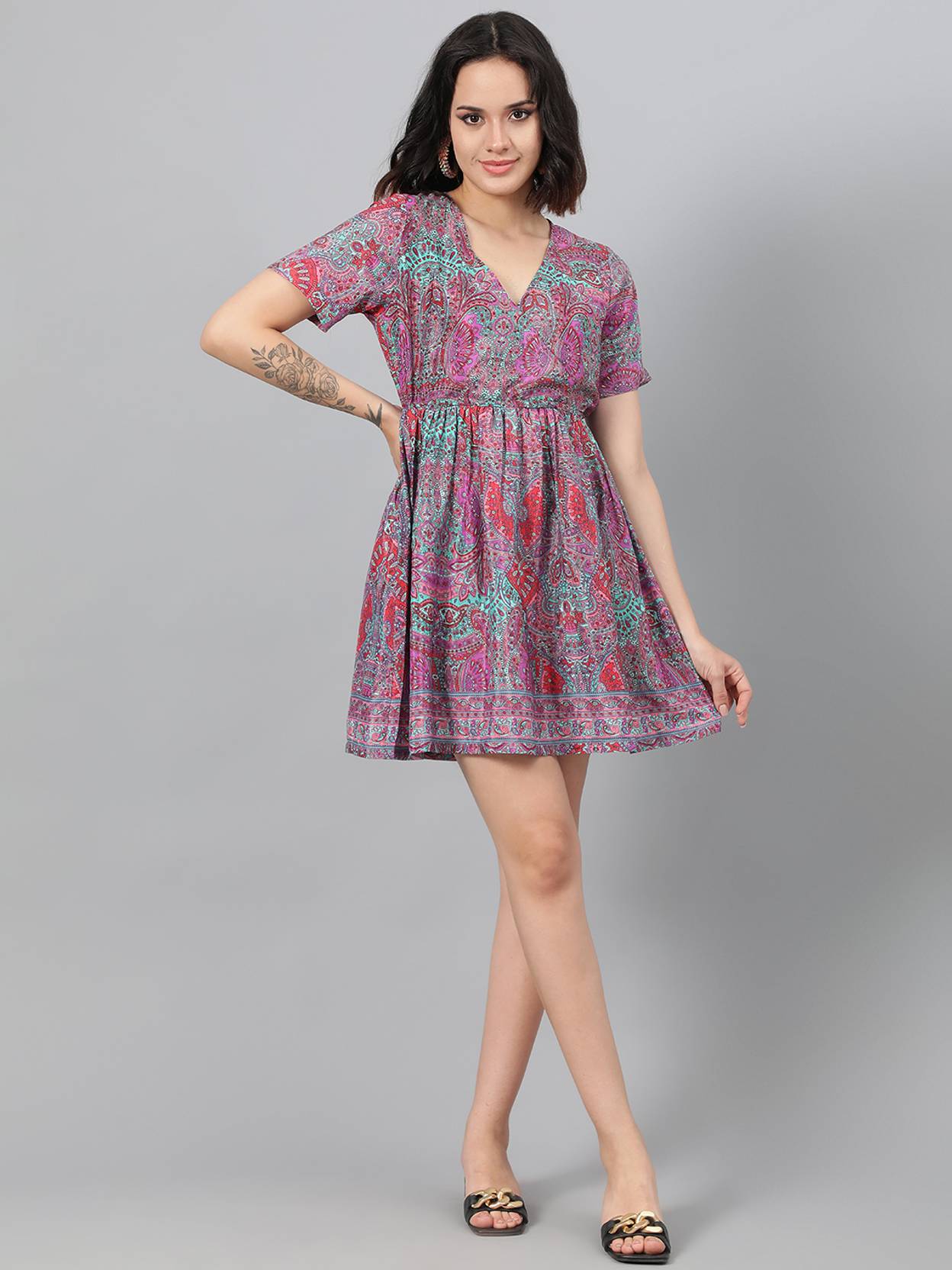 KOTTY Women Fit and Flare Multicolor Above Knee/Mid Thigh Length Dress