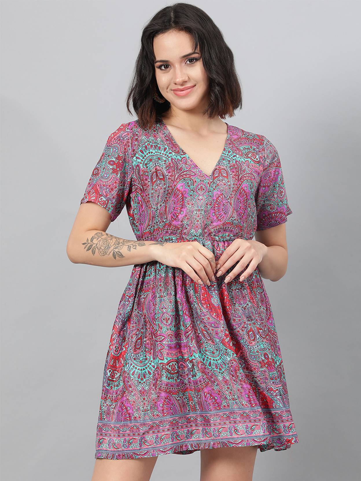 KOTTY Women Fit and Flare Multicolor Above Knee/Mid Thigh Length Dress