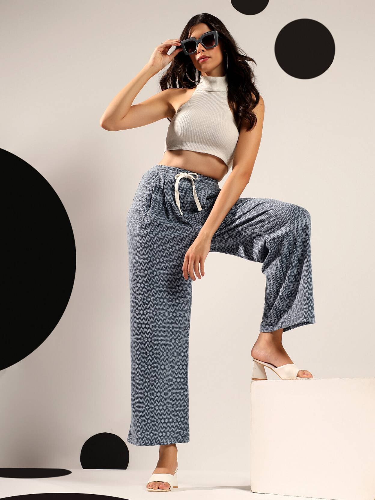 KOTTY  Women Loose Fit Blue Lycra Blend Trousers