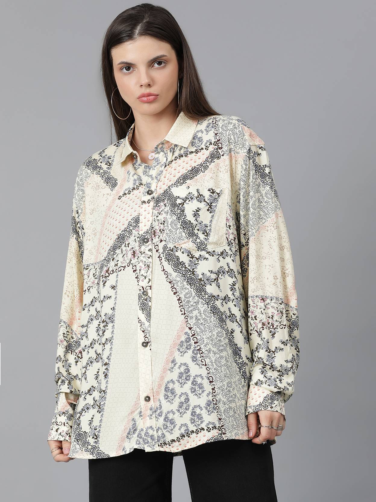 KOTTY  Women Oversized Fit Printed Spread Collar Casual Shirt
