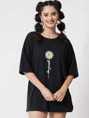 KOTTY Women Printed Round Neck Cotton Blend Black T-Shirt