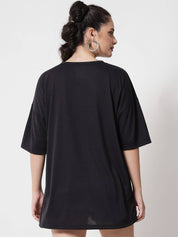 KOTTY Women Printed Round Neck Cotton Blend Black T-Shirt