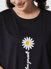 KOTTY Women Printed Round Neck Cotton Blend Black T-Shirt