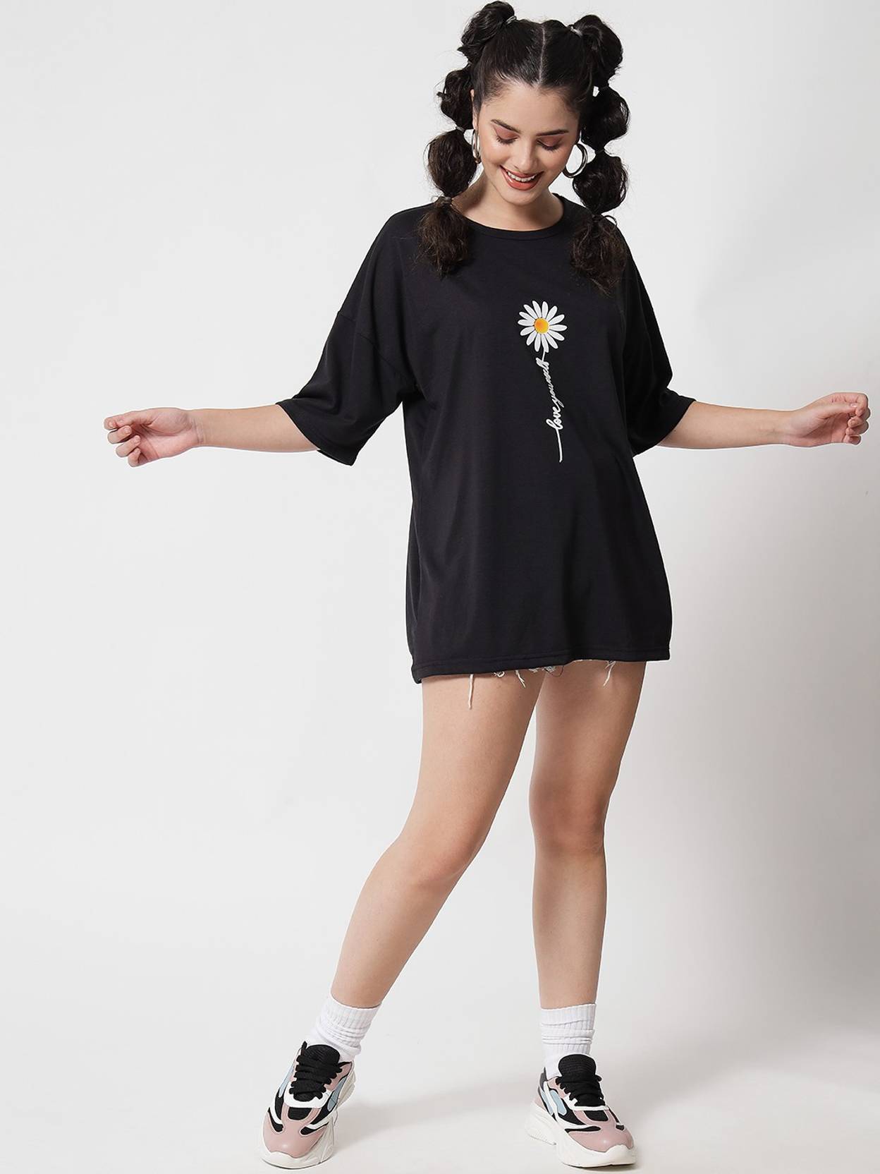 KOTTY Women Printed Round Neck Cotton Blend Black T-Shirt