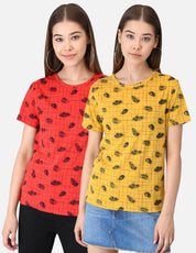 KOTTY Women Printed Round Neck Cotton Blend Multicolor T-Shirt