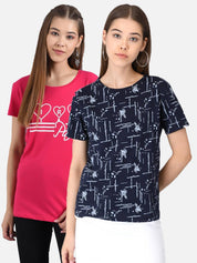 KOTTY Women Printed Round Neck Cotton Blend Multicolor T-Shirt