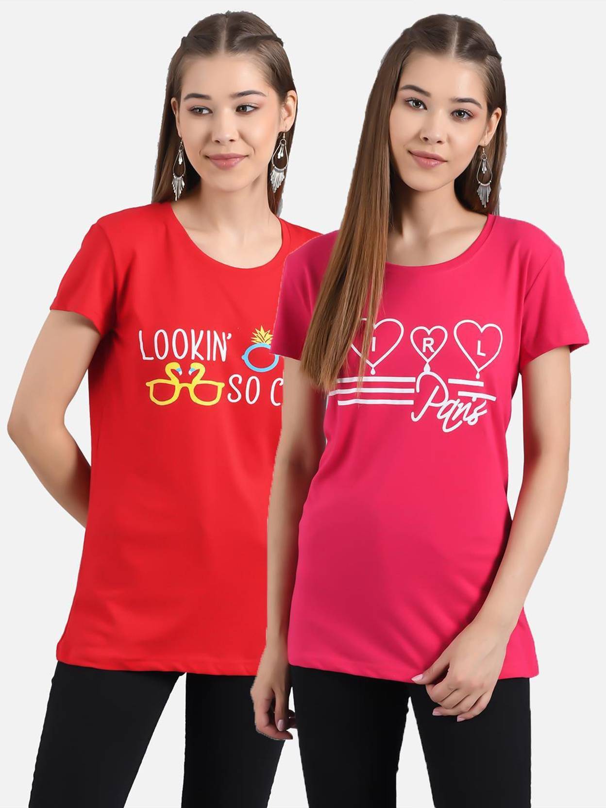 KOTTY Women Printed Round Neck Cotton Blend Multicolor T-Shirt