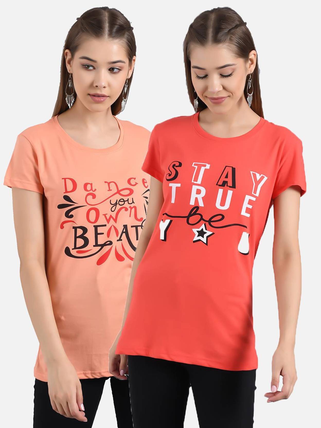 KOTTY Women Printed Round Neck Cotton Blend Multicolor T-Shirt