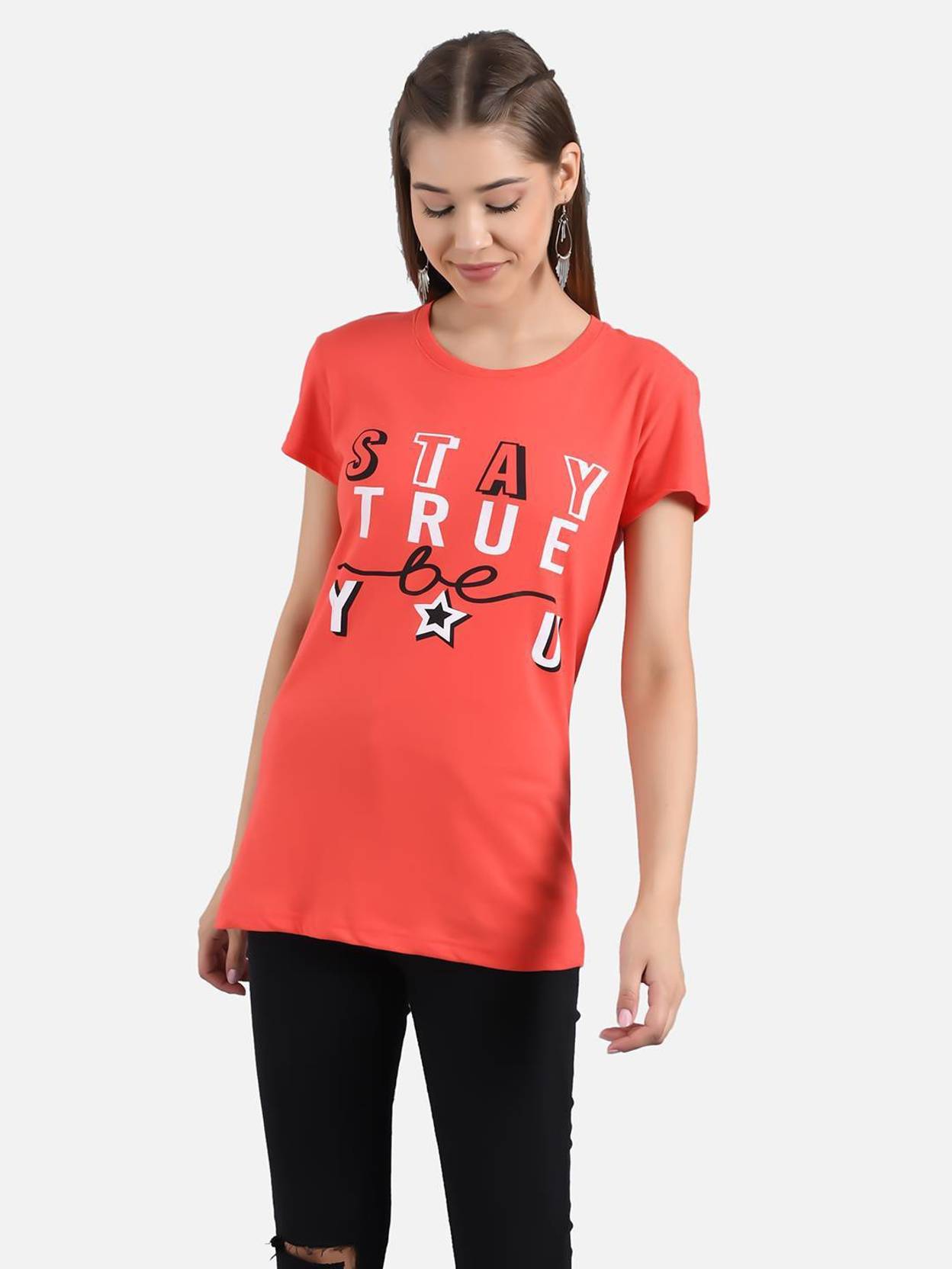 KOTTY Women Printed Round Neck Cotton Blend Multicolor T-Shirt