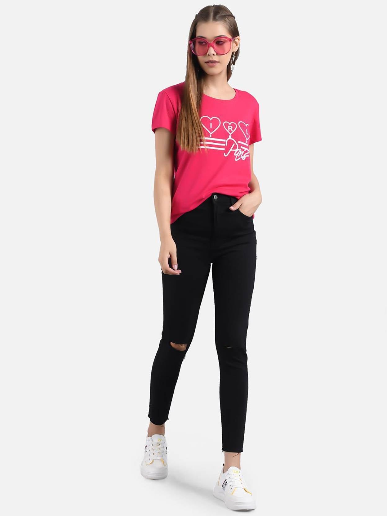 KOTTY Women Printed Round Neck Cotton Blend Multicolor T-Shirt