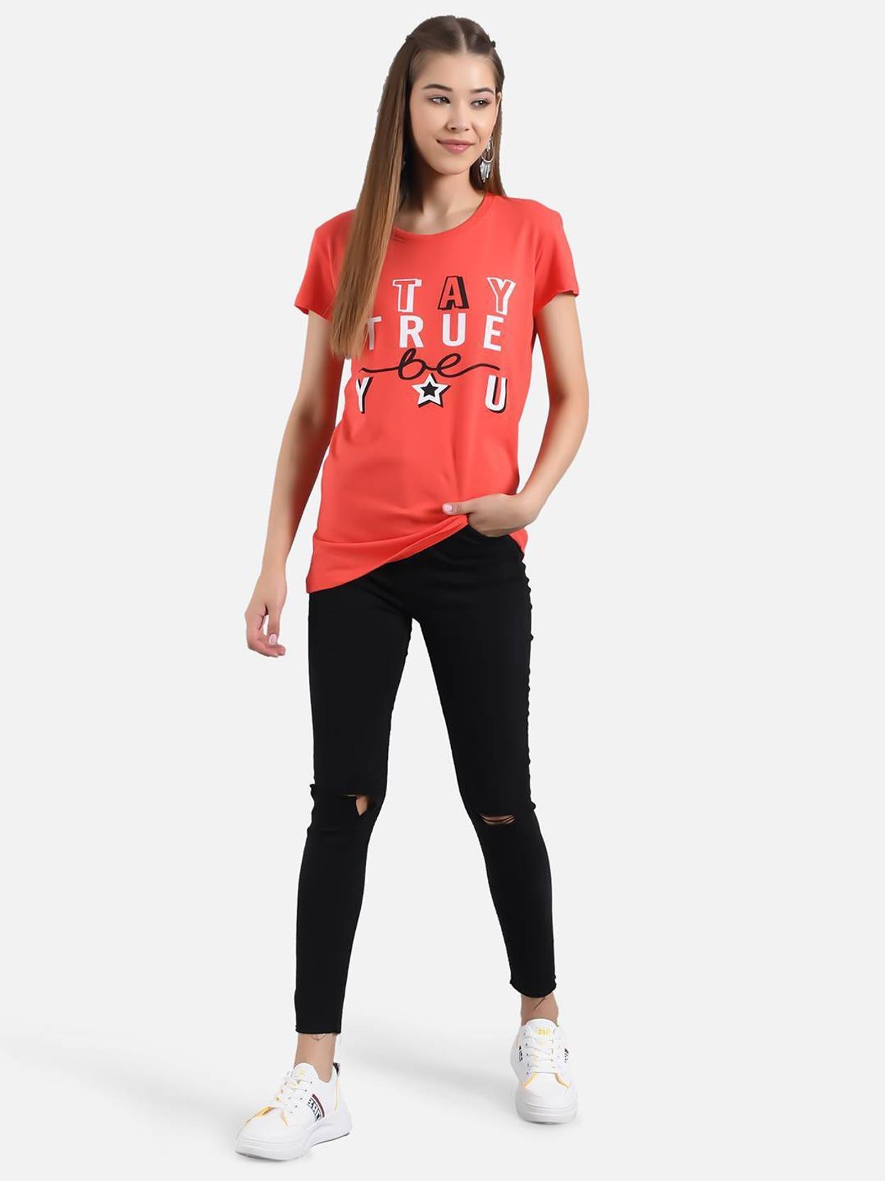 KOTTY Women Printed Round Neck Cotton Blend Multicolor T-Shirt