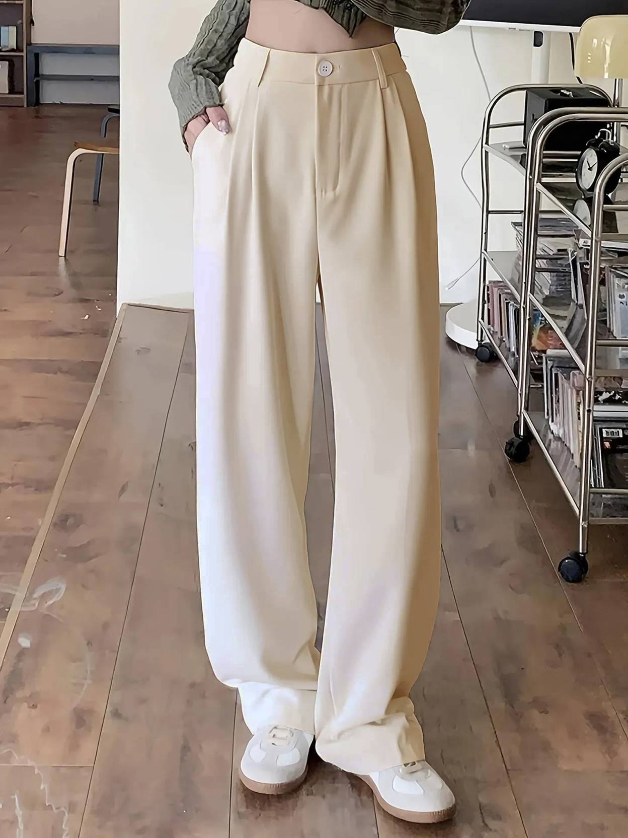 KOTTY  Women Relaxed Beige Cotton Blend Trousers