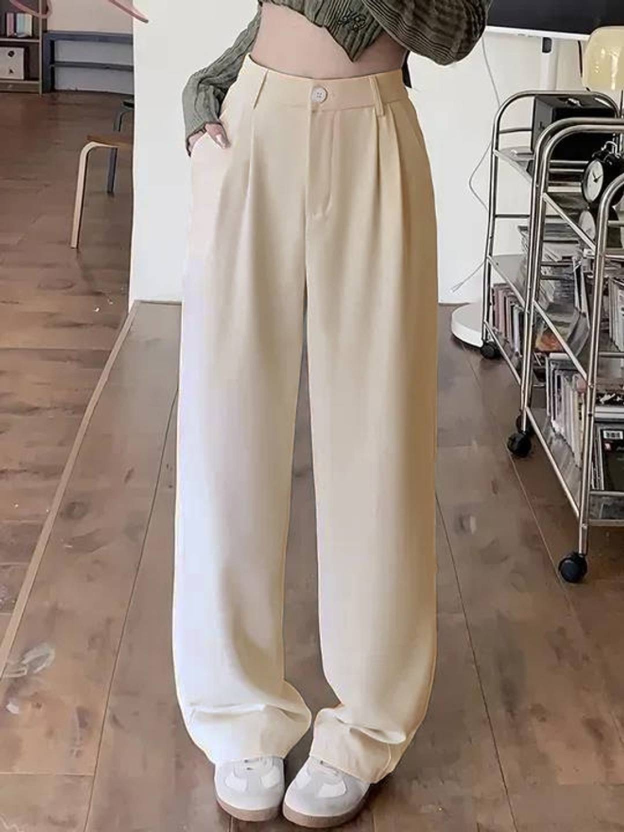 KOTTY  Women Relaxed Beige Cotton Blend Trousers