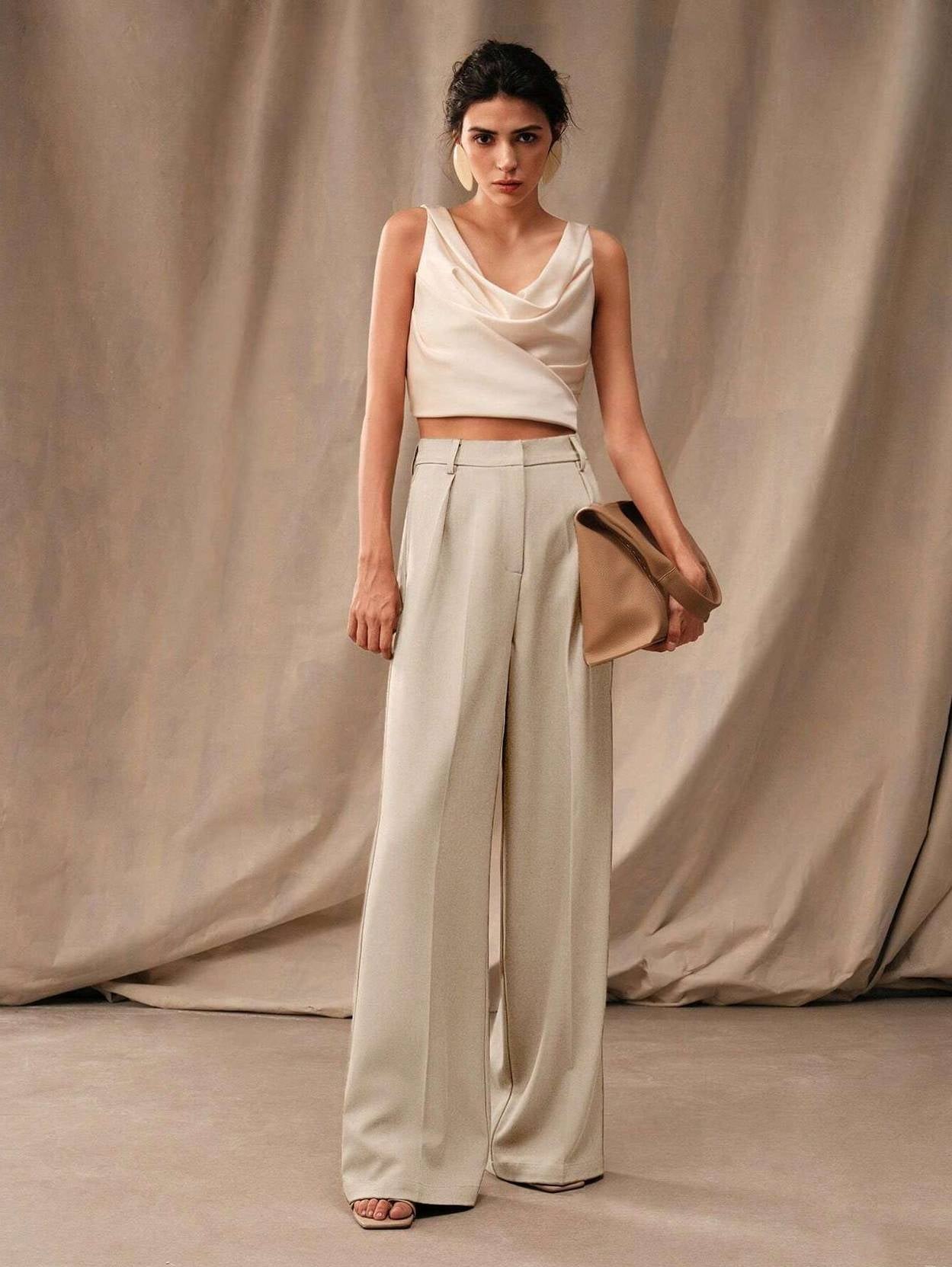 KOTTY  Women Relaxed Beige Viscose Rayon Trousers