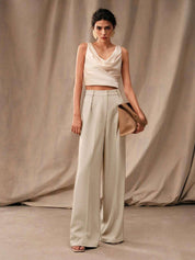 KOTTY  Women Relaxed Beige Viscose Rayon Trousers