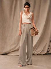 KOTTY  Women Relaxed Beige Viscose Rayon Trousers