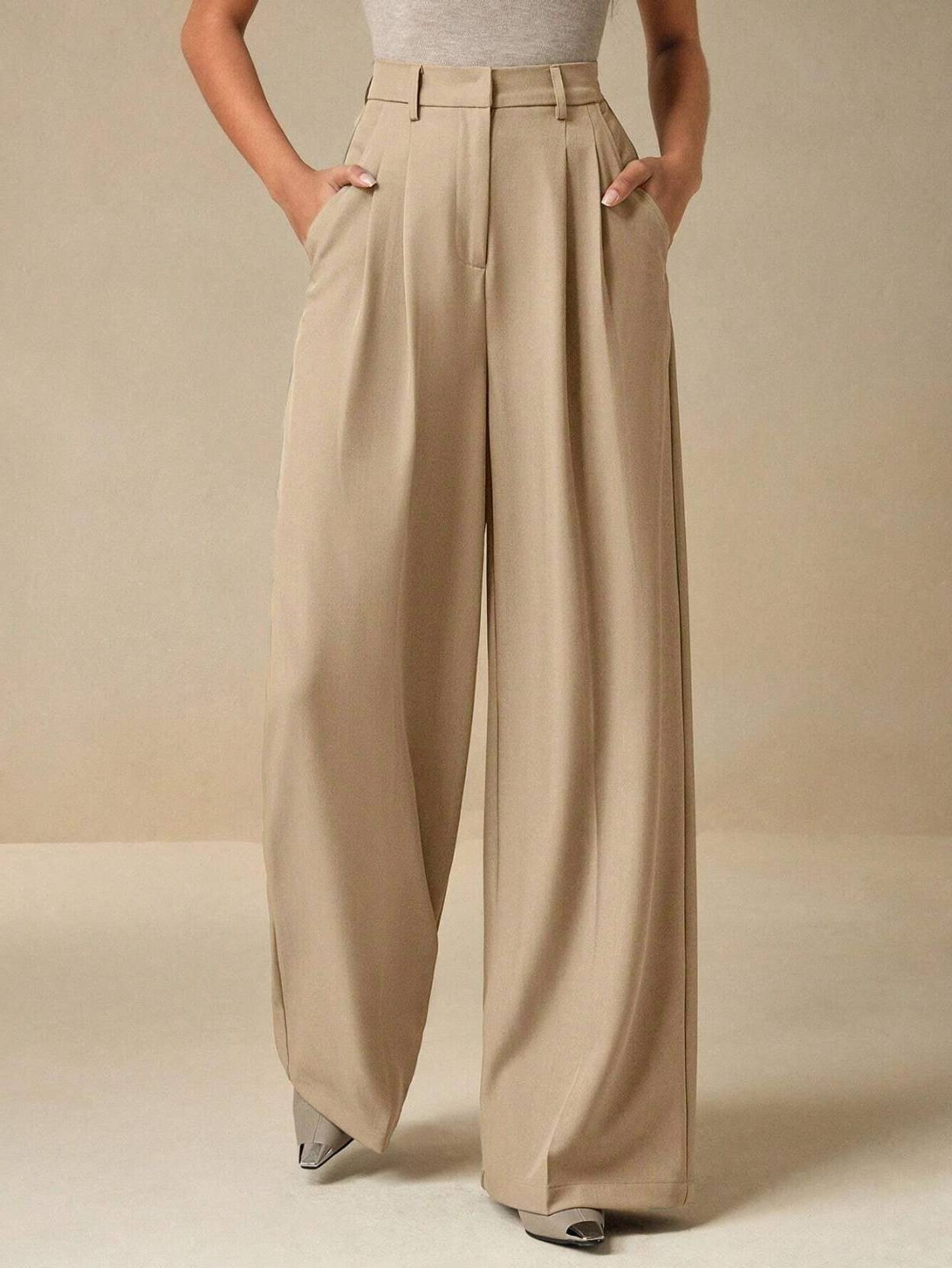 KOTTY  Women Relaxed Beige Viscose Rayon Trousers