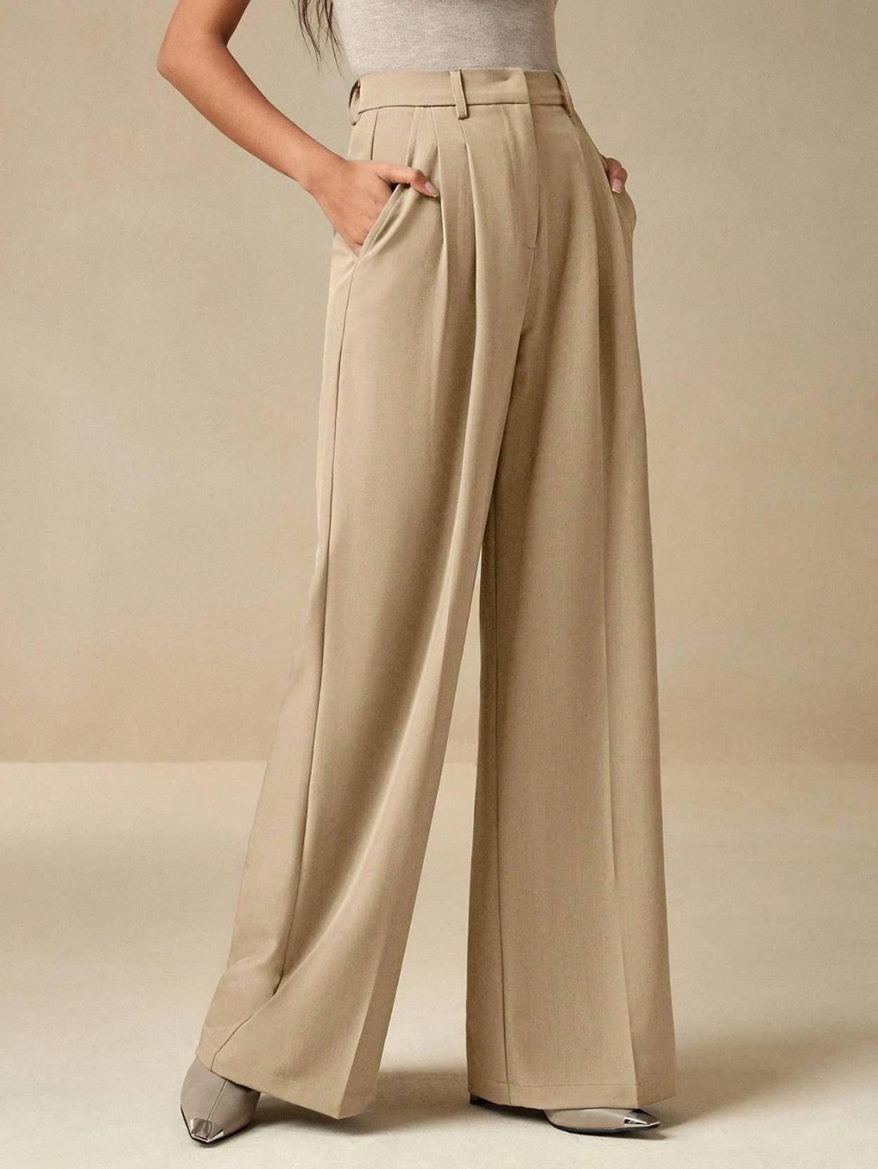 KOTTY  Women Relaxed Beige Viscose Rayon Trousers