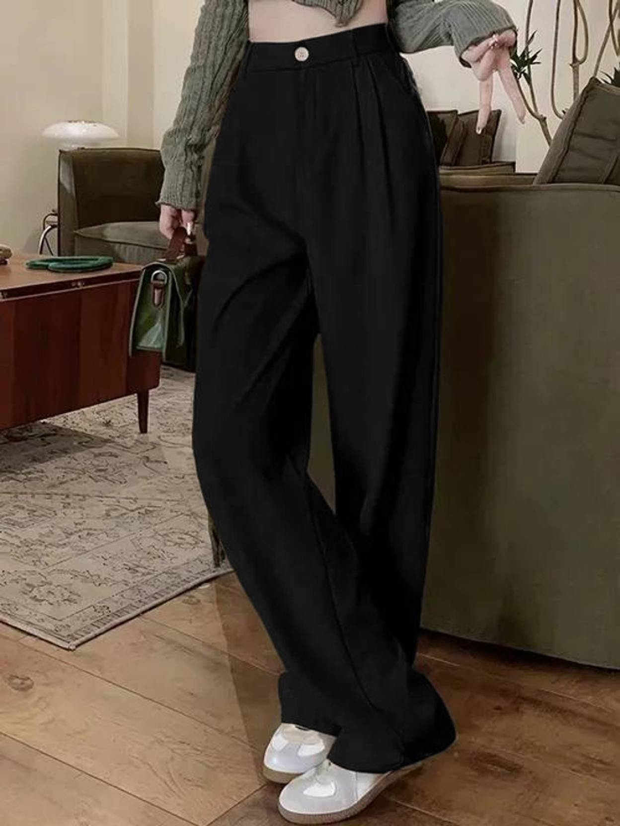 KOTTY  Women Relaxed Black Cotton Blend Trousers