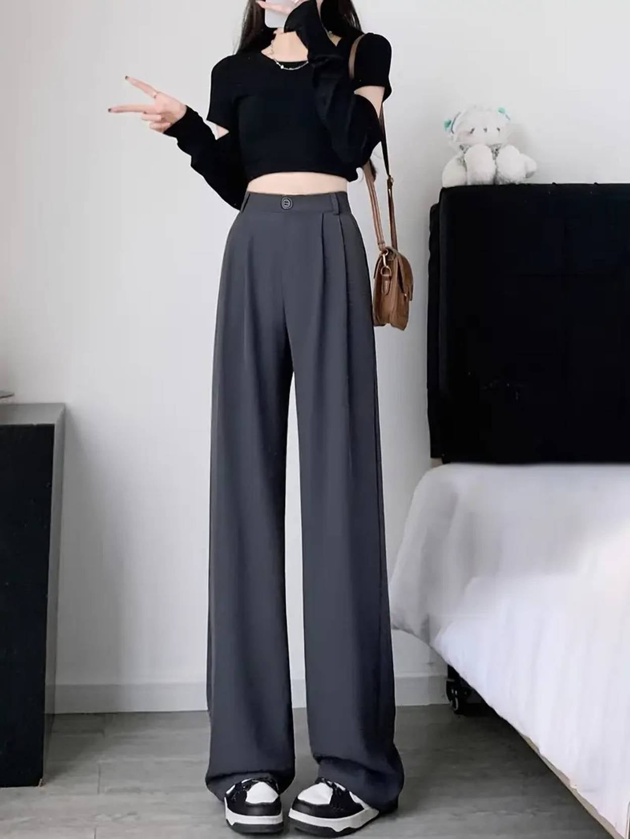 KOTTY  Women Relaxed Grey Cotton Blend Trousers