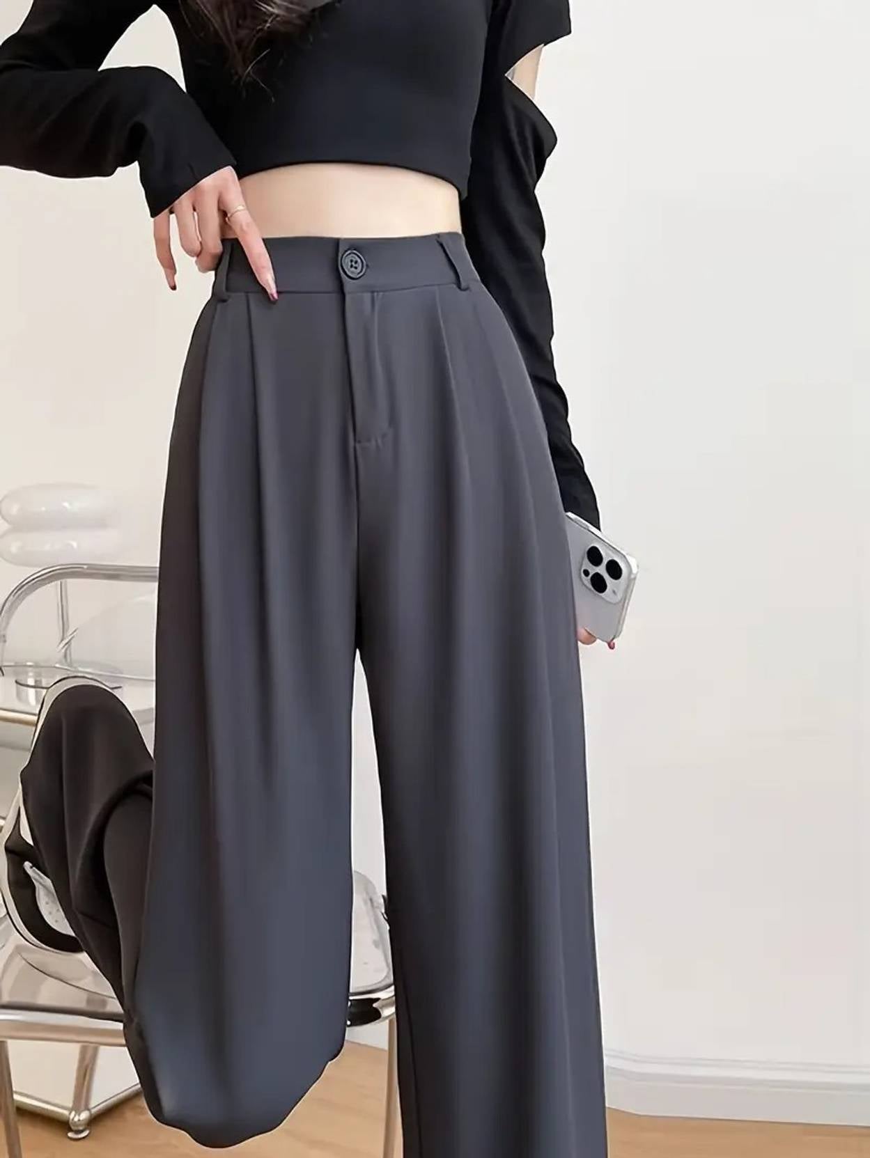 KOTTY  Women Relaxed Grey Cotton Blend Trousers