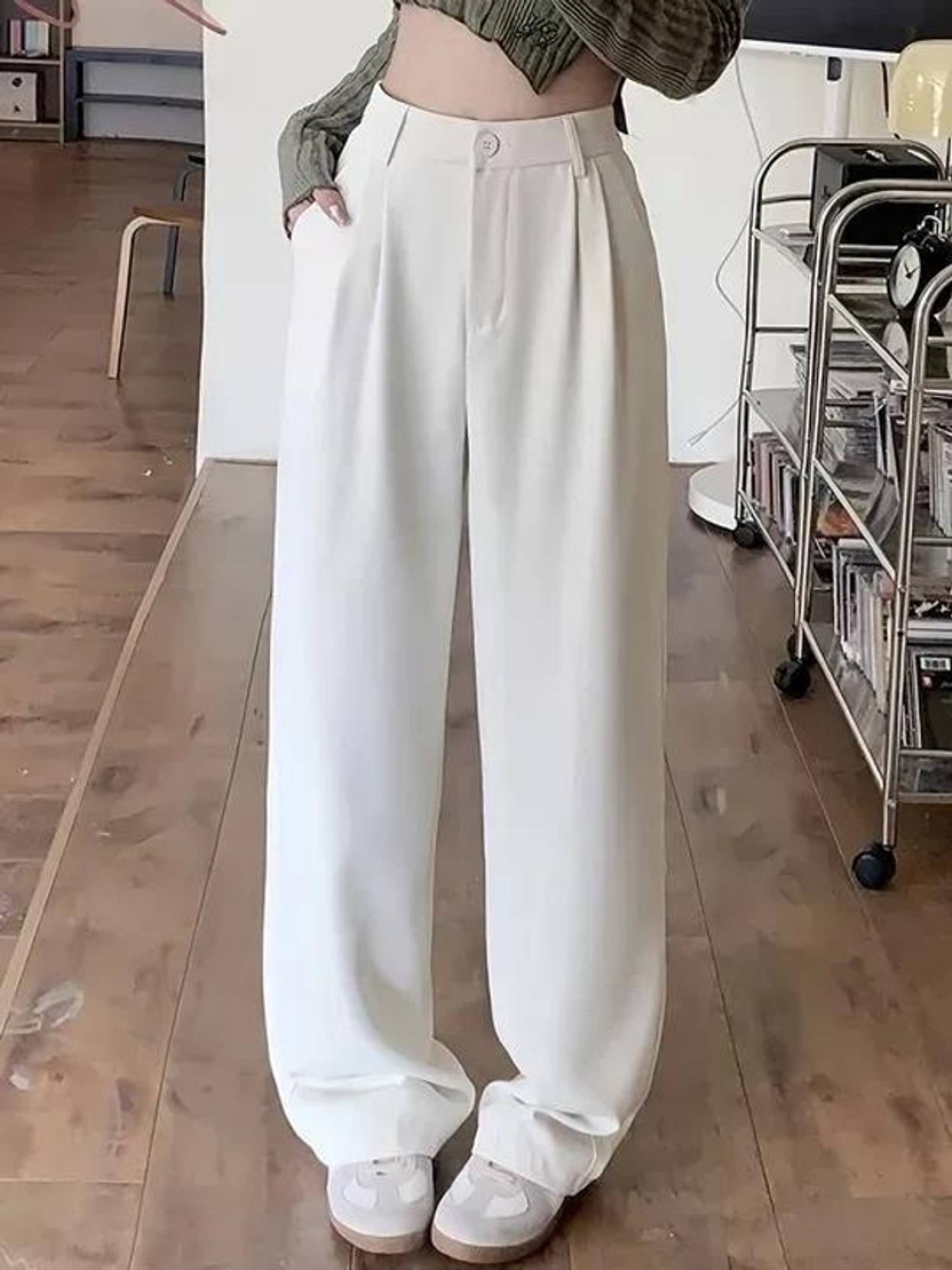 KOTTY  Women Relaxed White Cotton Blend Trousers