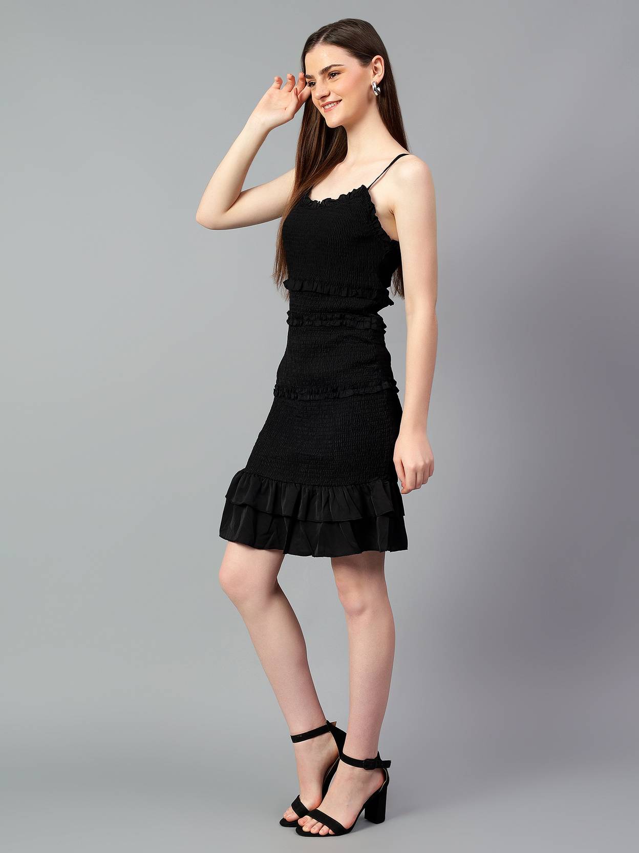 KOTTY Women Ruffled Black Above Knee/Mid Thigh Length Dress