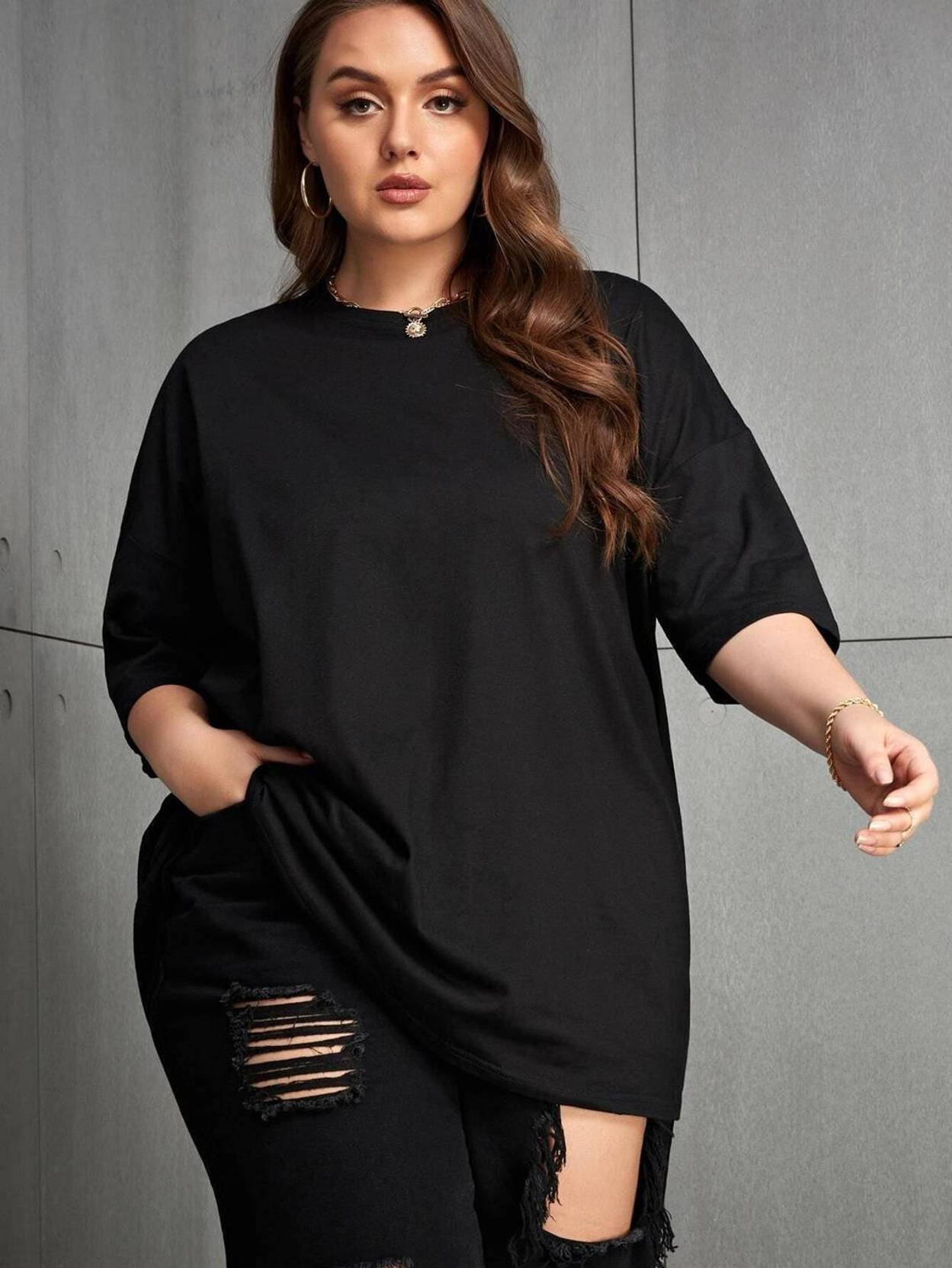 KOTTY Women Solid Round Neck Cotton Blend Black T-Shirt
