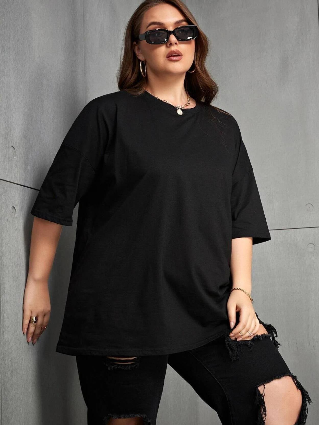 KOTTY Women Solid Round Neck Cotton Blend Black T-Shirt