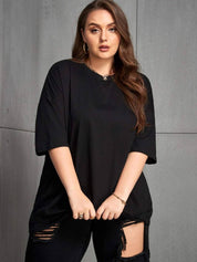 KOTTY Women Solid Round Neck Cotton Blend Black T-Shirt