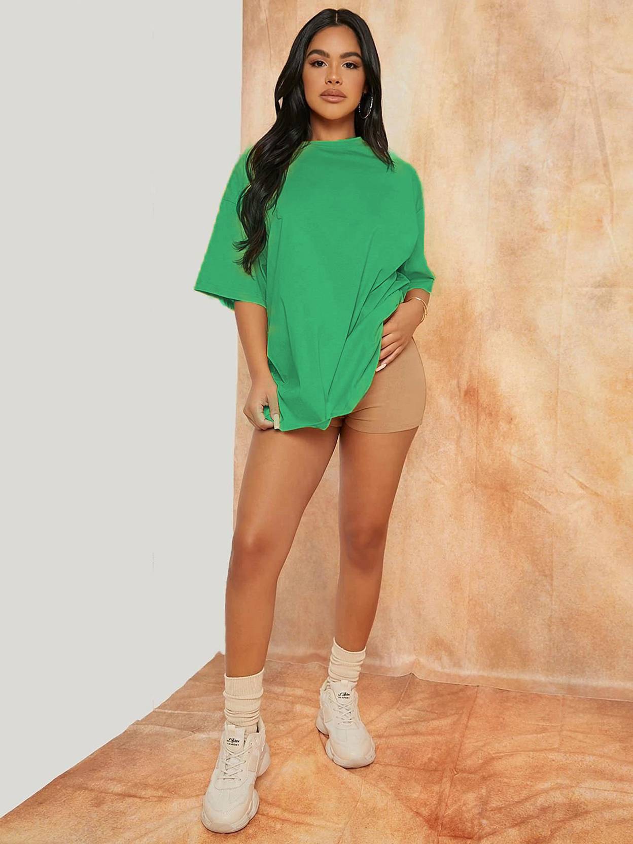 KOTTY Women Solid Round Neck Cotton Blend Green T-Shirt