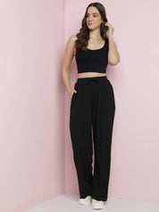KOTTY Women Straight Fit Black Viscose Rayon Trousers