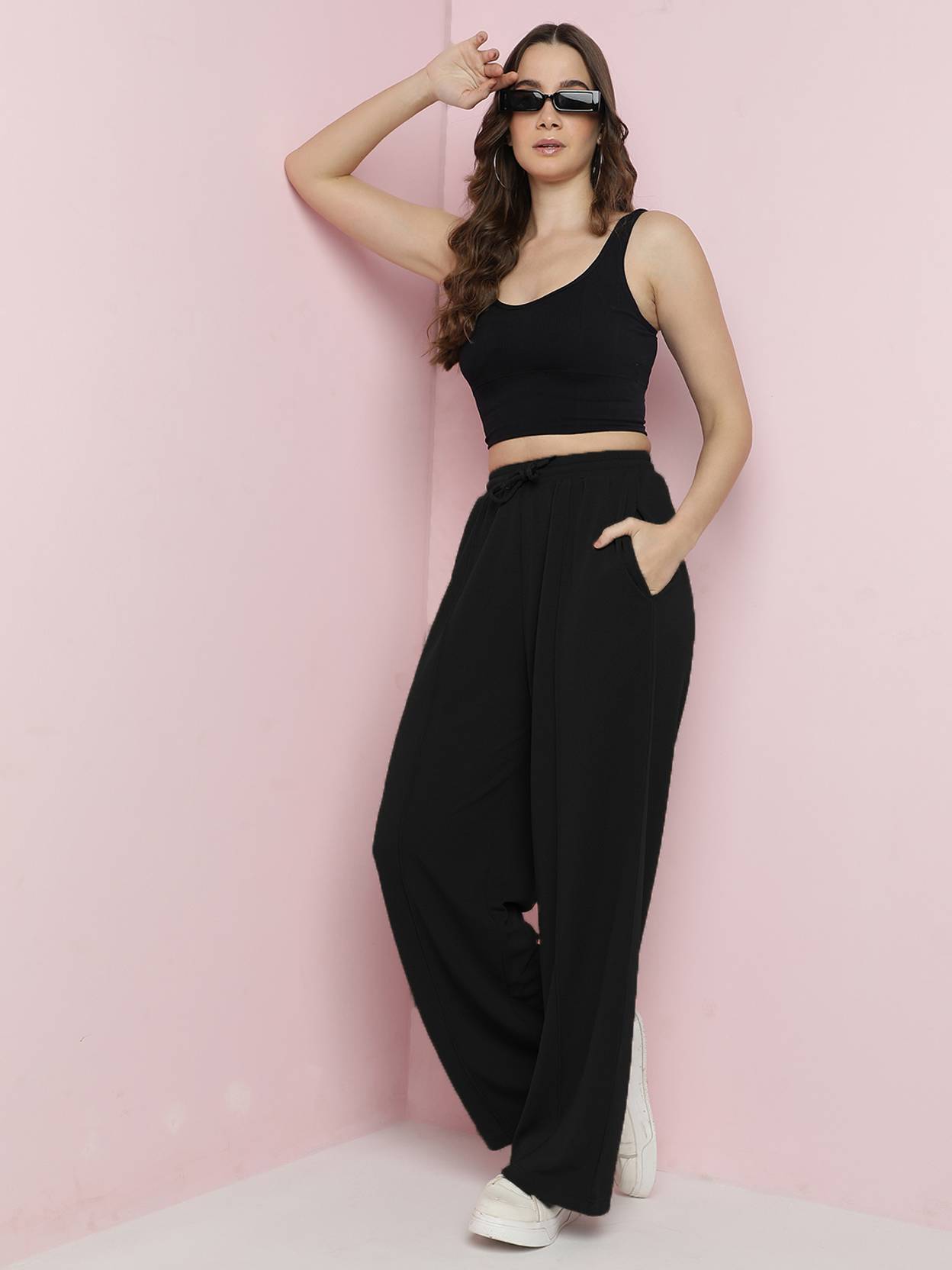 KOTTY Women Straight Fit Black Viscose Rayon Trousers