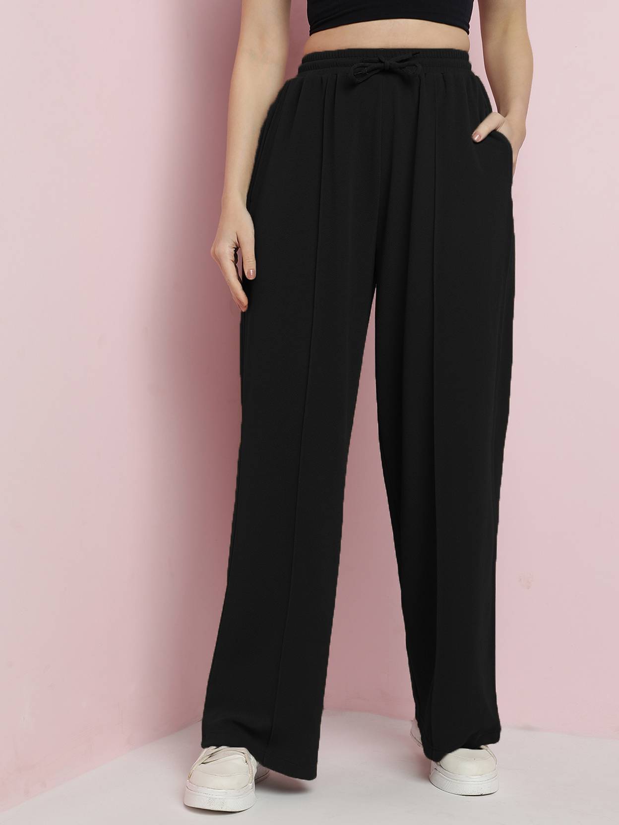 KOTTY Women Straight Fit Black Viscose Rayon Trousers