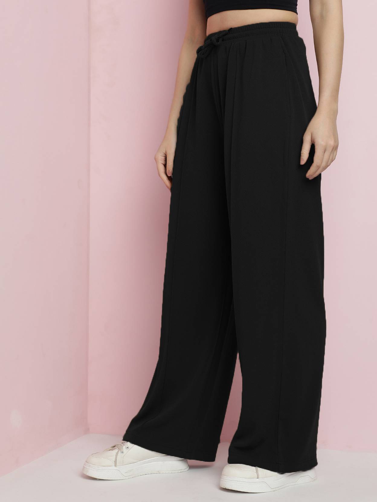 KOTTY Women Straight Fit Black Viscose Rayon Trousers