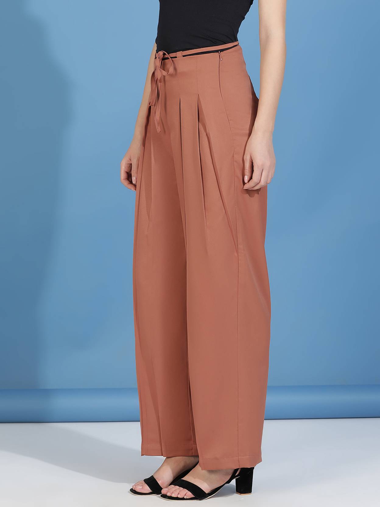 KOTTY Women Straight Fit Brown Cotton Blend Trousers