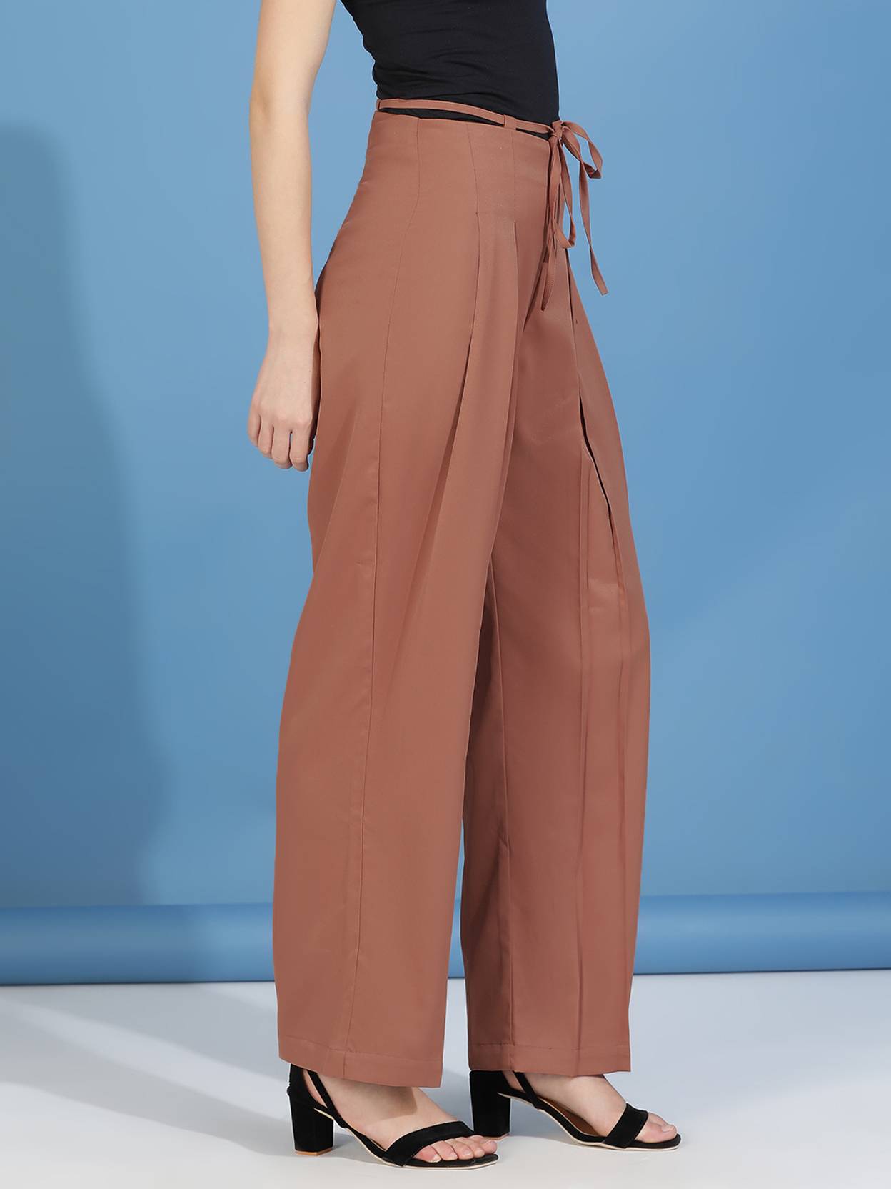KOTTY Women Straight Fit Brown Cotton Blend Trousers