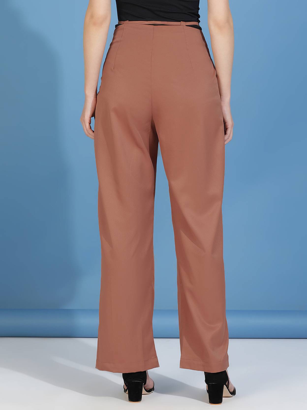 KOTTY Women Straight Fit Brown Cotton Blend Trousers