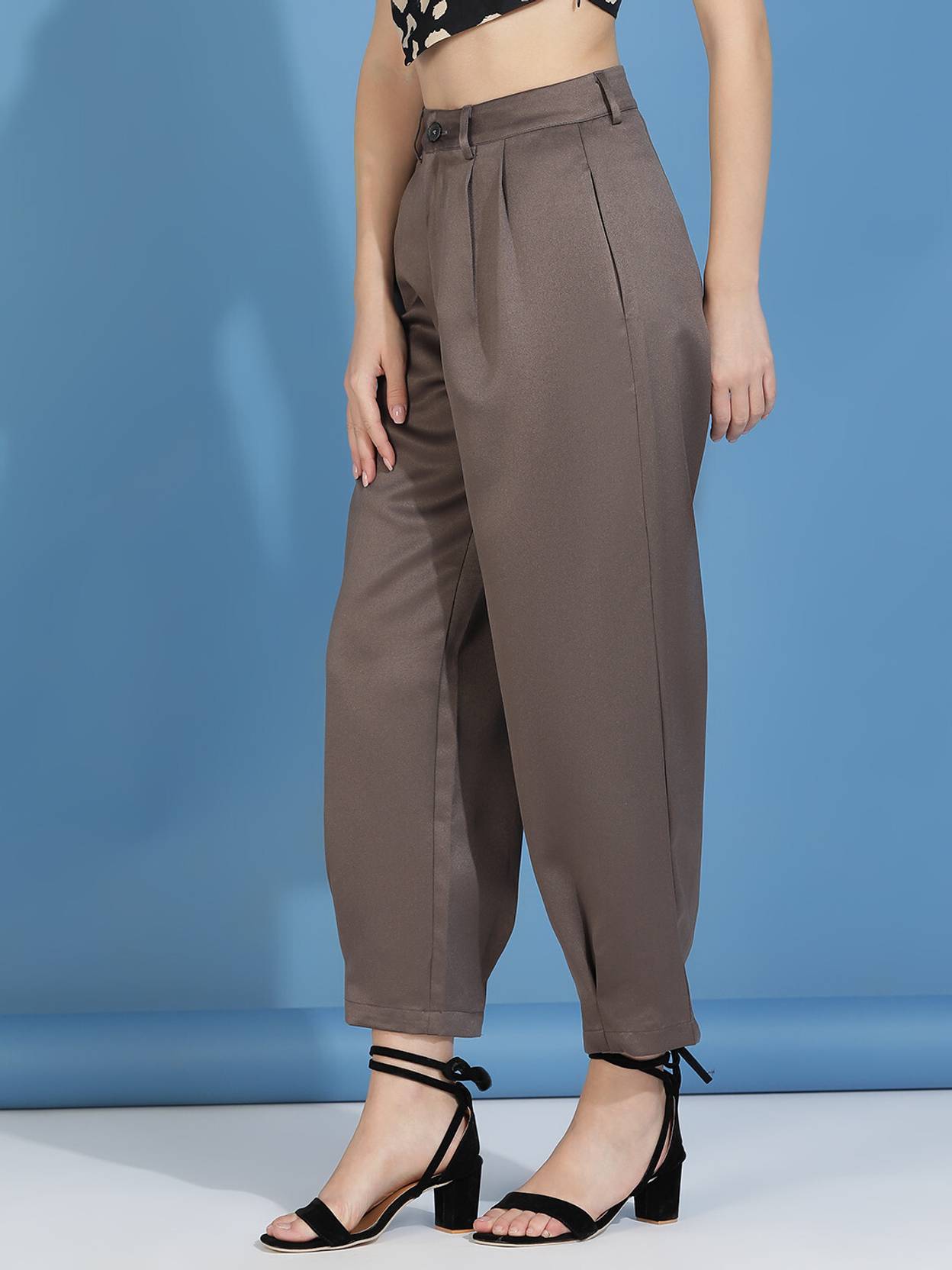 KOTTY Women Straight Fit Grey Cotton Blend Trousers