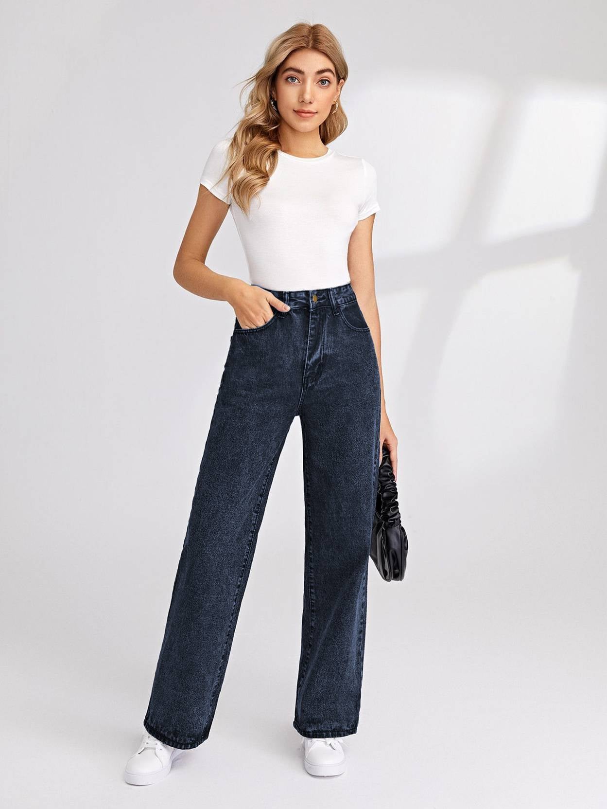 KOTTY Women Straight Fit High Rise Dark Blue Jeans