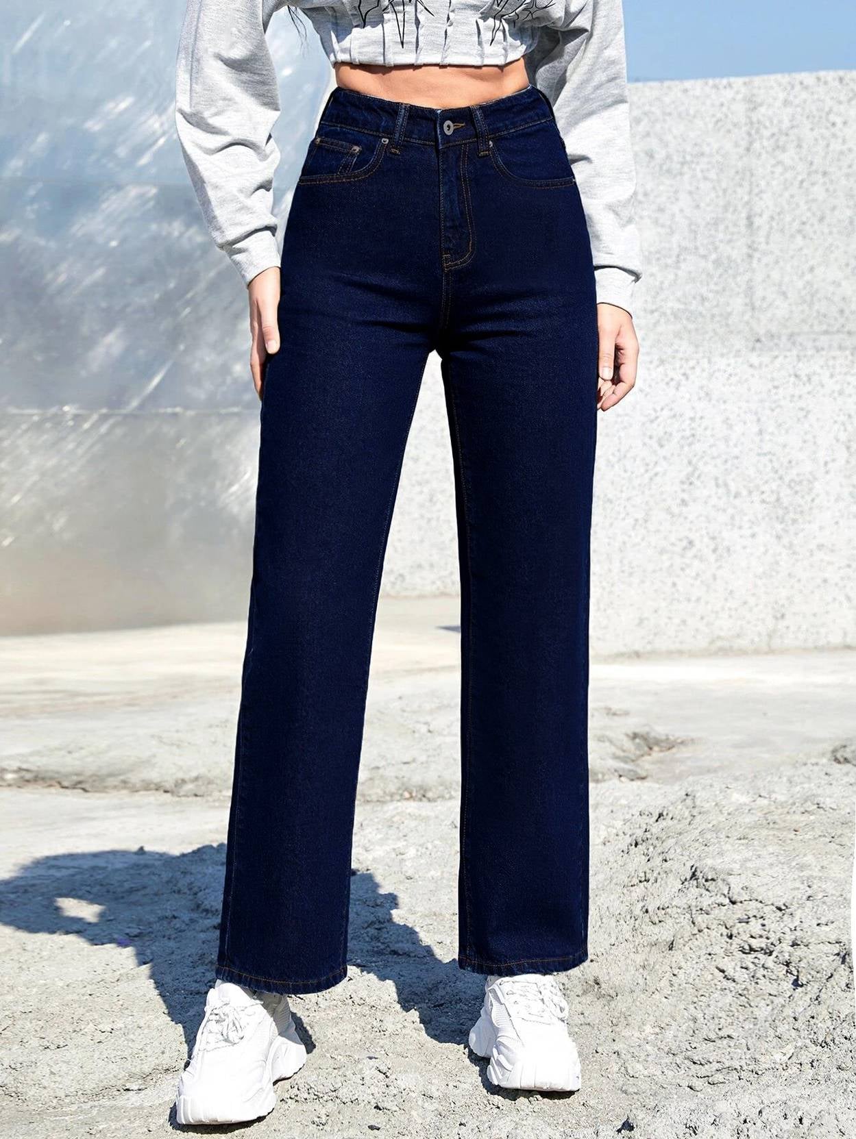 KOTTY Women Straight Fit High Rise Dark Blue Jeans
