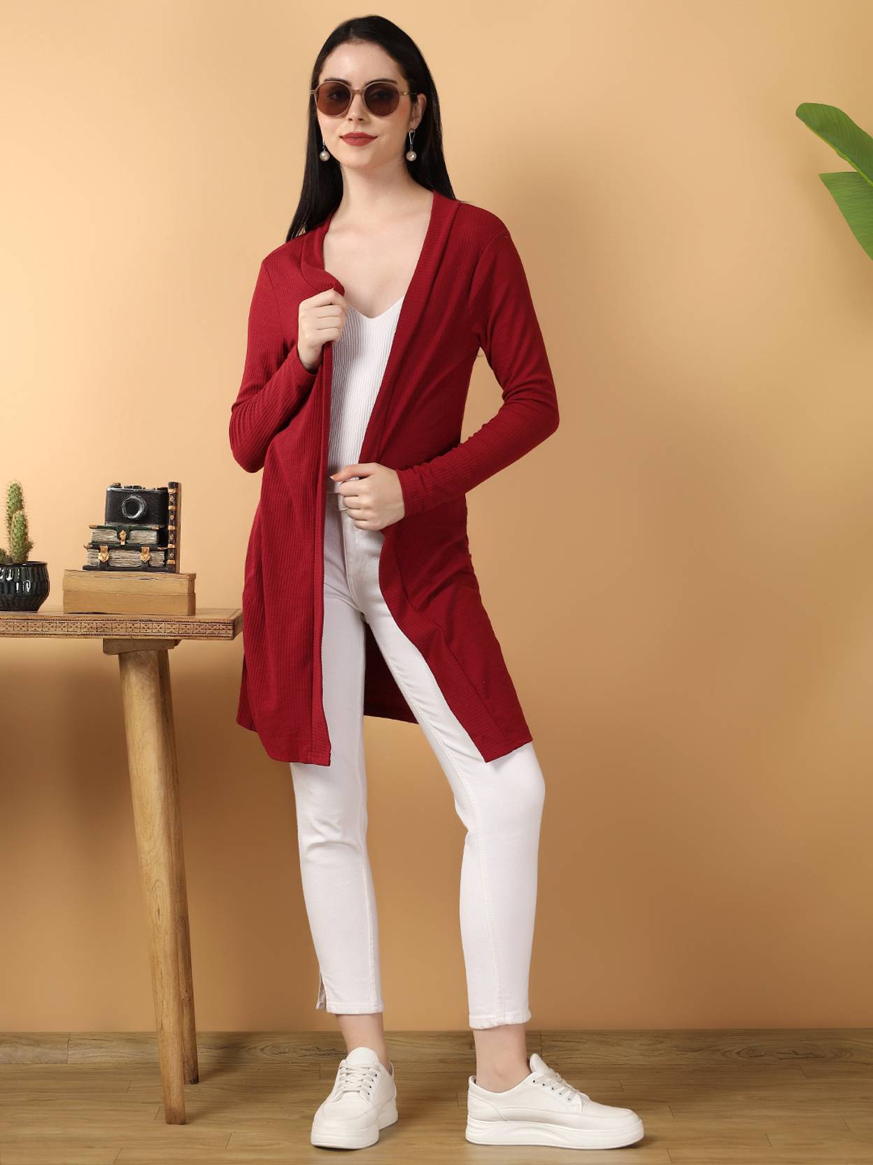 KOTTY  Women Straight Full Sleeve Red Shrug