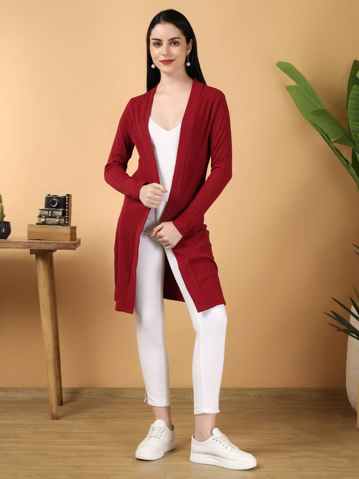 KOTTY  Women Straight Full Sleeve Red Shrug