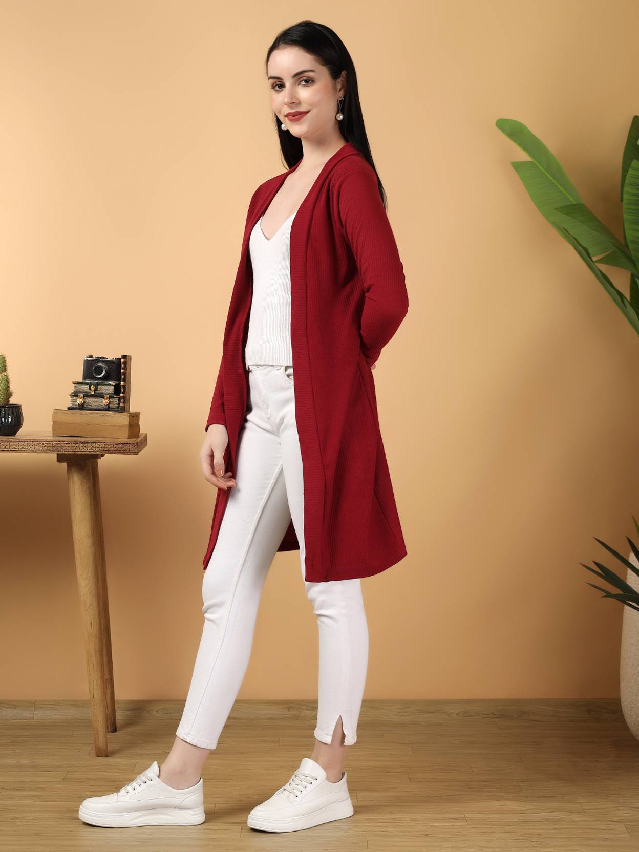 KOTTY  Women Straight Full Sleeve Red Shrug